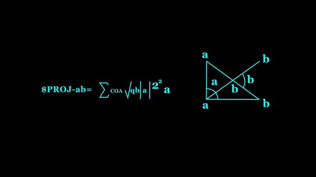 Mathematical formula for vector projection with geometric illustration.Chalkboard Background with Science and Math Formulas.4k video
