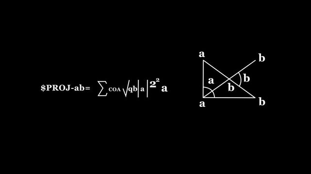 Mathematical formula for vector projection with geometric illustration.Chalkboard Background with Science and Math Formulas.4k video