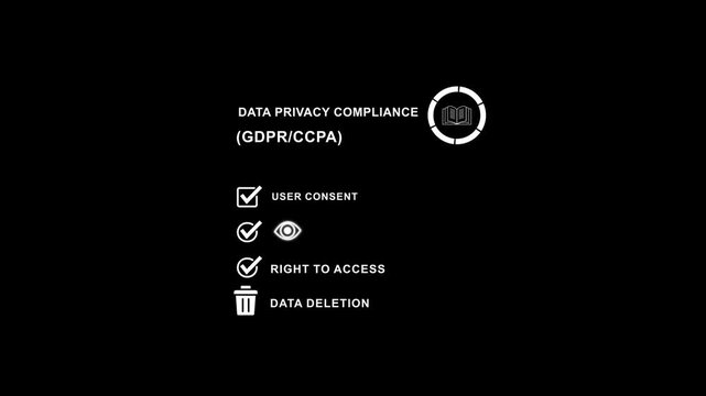 Data privacy compliance concept. GDPR/CCPA checklist with user rights. Minimalist style image. Privacy law, security, business and regulation theme.4k motion video