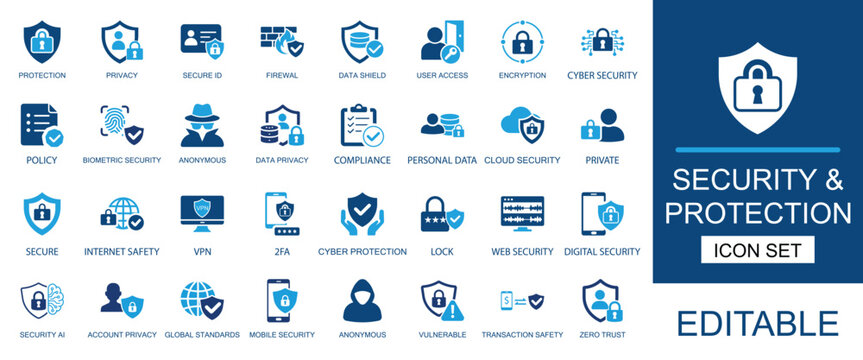 Security and protection icons set. Includes camera, information, 2FA, internet, zero trust, guard, password, data, consumer, hearing and network safety. Solid vector assets.