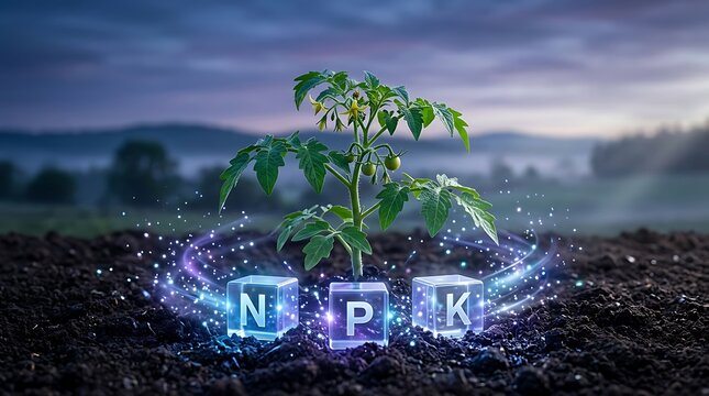 Vibrant young tomato plant thrives in fertile soil, surrounded by glowing NPK nutrient cubes and magical energy swirls symbolizing agricultural growth and plant nutrition.
