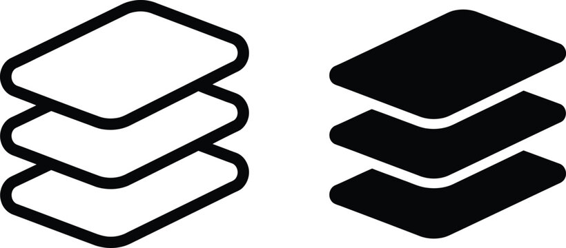 Two stacks of rectangular layers showing solid and outline isometric interface icons for digital software navigation