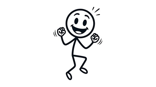 Delightful stick figure character enthusiastically jumping and celebrating with a wide smile, radiating pure joy and excitement