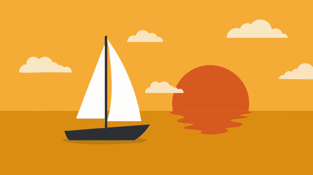 Minimalist illustration of a sailboat on the sea at sunset with clouds