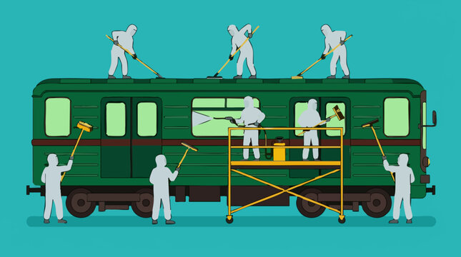 Workers in protective suits cleaning and sanitizing a green subway train car