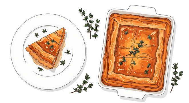 Square pastry with golden crust and fresh thyme on a baking dish next to a slice on a plate, pixel art style