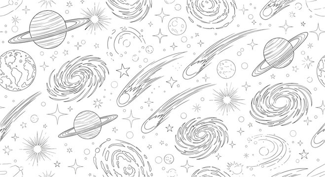 Detailed hand drawn seamless pattern shows planets galaxies stars and comets in a black and white astronomical space design.
