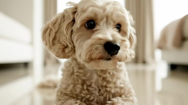 Soft cream mini goldendoodle puppy sitting on glossy tile floor between pale sofas, bright minimalist home interior, direct gentle gaze, fluffy curls, clean family dog image with airy curtains