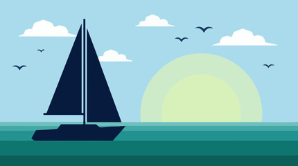 Naklejka premium Minimalist sailboat at sunrise on ocean with clouds and flying birds