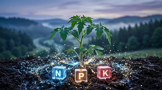 Vibrant young plant flourishing in rich soil, nourished by glowing NPK nutrient cubes in an enchanting, misty landscape at dawn.