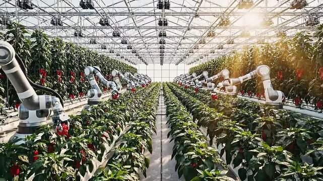 Close-up robotic arm harvesting red brain peppers in a greenhouse
