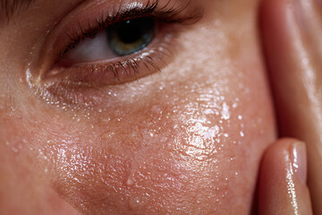 Fototapeta premium Extreme macro shot of water droplets and sweat on glowing melanin skin with closed eye, representing skincare hydration and wellness.