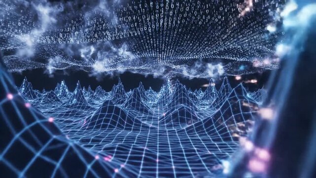 Abstract Digital Landscape with Glowing Network and Data Streams.