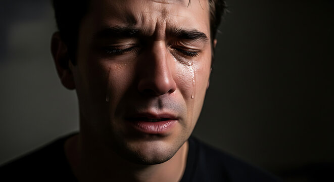 A man crying with tears on his face.