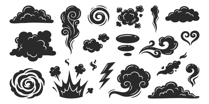 Set of black comic smoke clouds and explosion effects in hand drawn doodle style for cartoon animation design