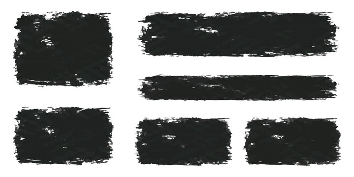 Set of black grunge brush strokes and rectangle shapes with rough distressed texture for graphic design