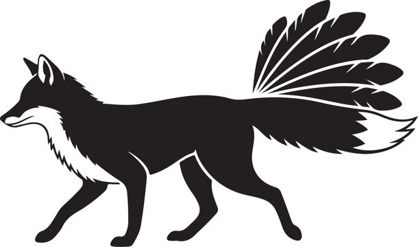 Black fox with feathered tail, vector illustration, wildlife animal, decorative design element