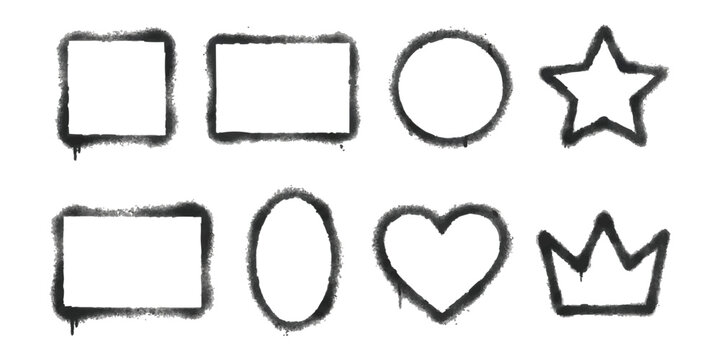 Set of black spray paint graffiti shapes including square rectangle circle star heart and crown outlines