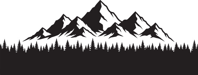 Naklejka premium Mountain range, snow-capped peaks, forest silhouette, landscape vector
