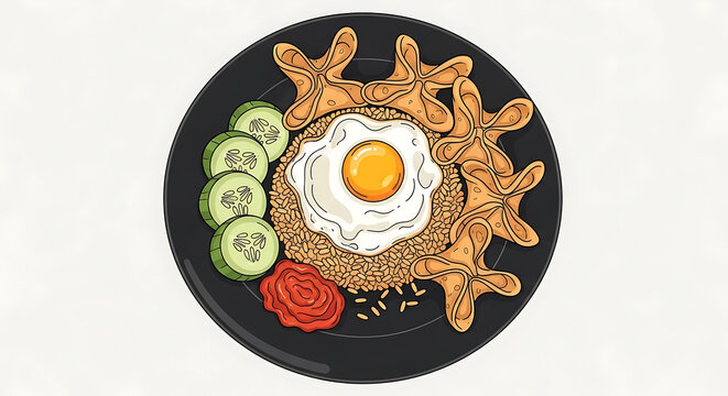 Pixel art nasi goreng a popular Indonesian fried rice dish with a fried egg, cucumber slices and sambal on a black plate, a delicious meal illustration