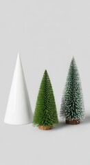 Fototapeta premium Festive Christmas Trees and White Cone on Gray Background.