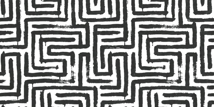 Seamless abstract pattern with black ink brush stroke lines in a square geometric maze design style