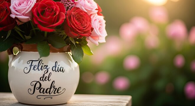 Father's day floral arrangement roses in a decorative vase with blurred background