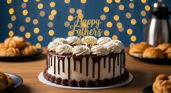 Festive birthday celebration chocolate cake with whipped cream and golden decorations