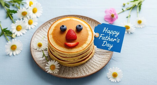 Father's day breakfast a stack of pancakes with berries and a festive card