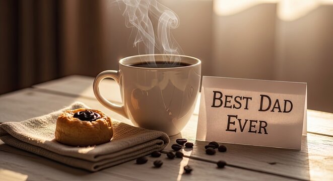 Father's day breakfast coffee pastry and a heartfelt 'best dad ever' card
