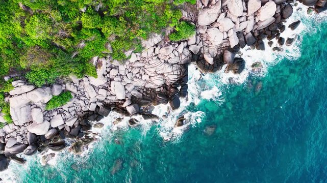 Aerial View of Dramatic Rocky Coastline with Jungle Ko Tao Thailand