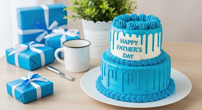 Festive blue birthday celebration cake gifts and mug arrangement