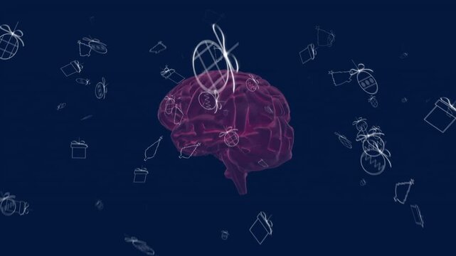 Magenta brain rotating, white icons orbiting, camera pushing in, piercing surface revealing network