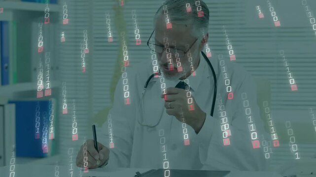 Senior physician writing patient forms in clinic, causing pulsing binary overlay obscuring doctor