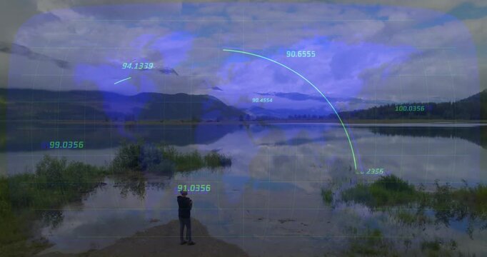 Woman standing shore raising device and activating AR arcs over sky and water, mapping lake data