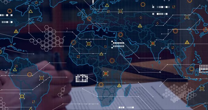 Gavel and hand initiating signing, map overlay expanding with HUD nodes showing global law links