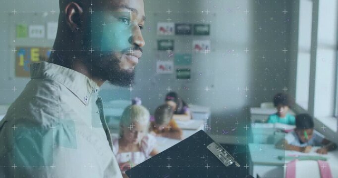 Teacher reading clipboard, scanning class, overseeing test, animated grid drifting over desks