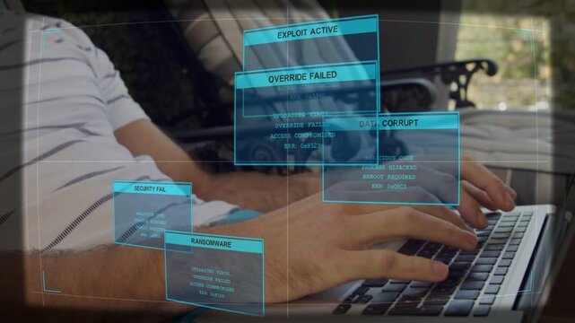 Man typing laptop on patio, ransomware HUDs appearing, hands pausing and responding to warnings