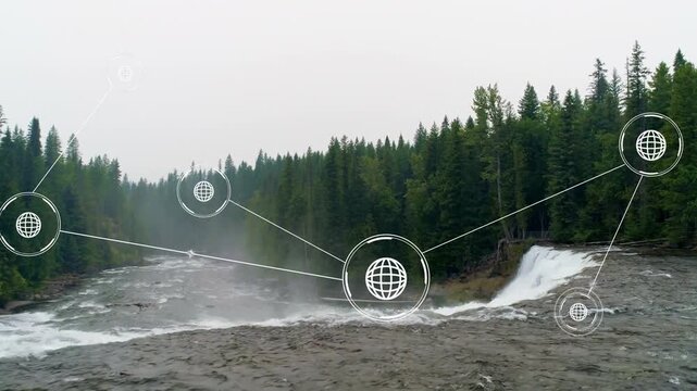 Camera moving closer, animated tech network expanding and mapping data over waterfall and river
