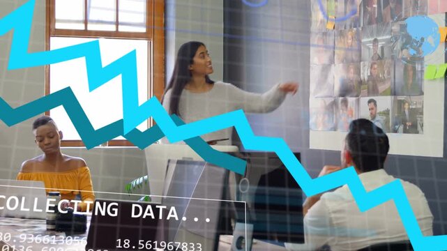 Lead glancing tablet moving to board adding postit for planning biz meeting charts moving over team