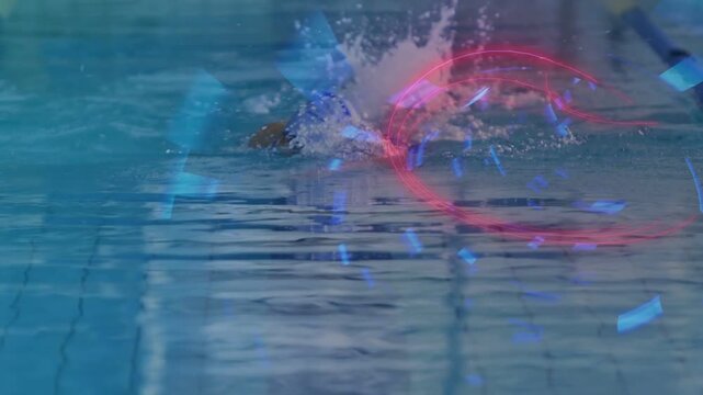 Camera tracking woman swimmer doing freestyle pink ribbon blue confetti marking lap pace for sports