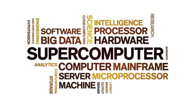 Supercomputer animated word cloud-text design animation tag kinetic typography seamless loop.