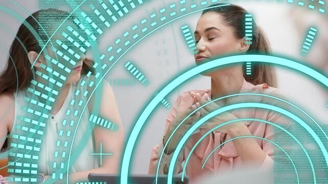 Pink speaker starting biz meeting gesturing with tablet to clarify while teal HUD overlaying faces