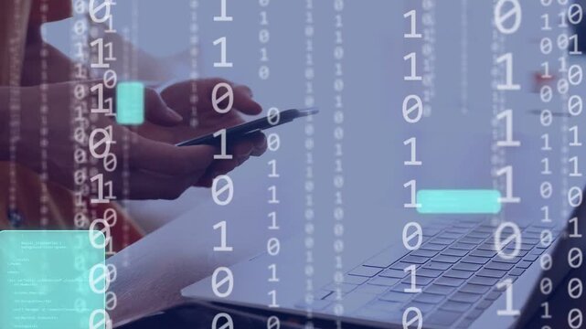 Woman tech pro typing initiating binary stream on keys picking phone checking messages typing again