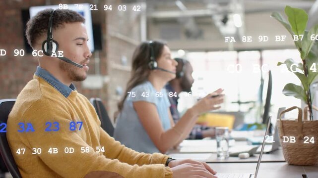 Leftmost male support agent answering call, typing for support as hex codes overlaying over screens