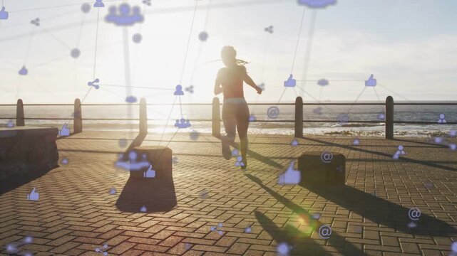 Sunrise urging woman running toward railing for workout, social media icons overlaying runner