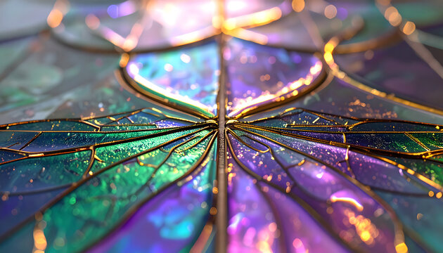 Motif Art Nouveau tiles with flowing organic dragonfly wing pattern iridescent glaze shimmering purple green gold curved beveled edges macro generative AI