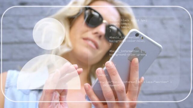 Woman tapping phone, scrolling wall causing UI+code, raising phone, taking call, smiling for tech