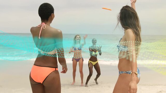 Right thrower tossing orange disc beach, others lunging catching amid dotted wave overlay marketing