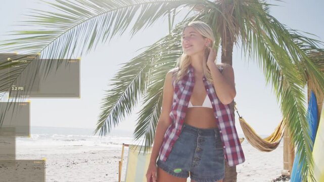 Woman by palm tree feeling breeze tucking turning as overlays sliding left framing her for travel